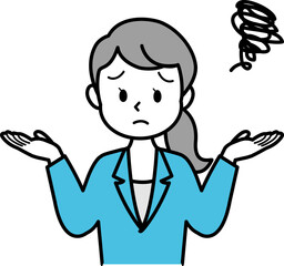 イラスト素材：スーツの女性が困った表情でお手上げ状態を表現する様子　上半身　単色　線画（透過背景）

