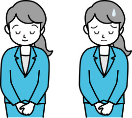 イラスト素材：スーツの女性が頭を下げる様子　お辞儀　謝罪　上半身　セット　線画　単色（透過背景）
