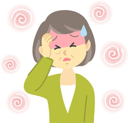 イラスト素材:体調不良シリーズ　年配の女性が熱中症でくらくらする姿　ホットフラッシュの可能性（透過背景）
