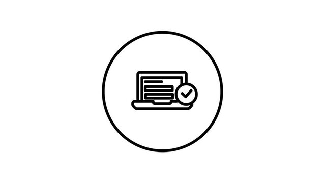 Laptop form check sent, online form submission, request laptop computer, check mark, black and white drawing button, vector illustration, icon video animation, self drawing