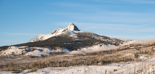 Winter mountain forest sunset