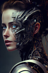 A.I. - White female. A stunning portrait of a highly advanced artificial human being. Created with Generative AI. Digital artwork.