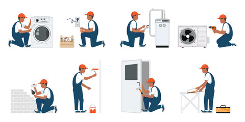 Worker repair service, plumber and handyman. People in uniform renovate painter, electrician and carpenter set, cartoon style vector illustration.