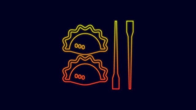 Glowing neon line Dumpling with chopsticks icon isolated on blue background. Traditional chinese dish. 4K Video motion graphic animation