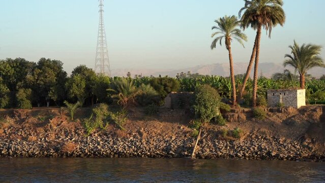 Side Shot of Farms and Village in Nile River in Egypt