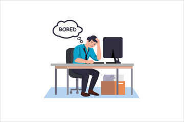 Business employee bored at work, snuffling through sitting at office desk. Lazy unmotivated unproductive manager clerk pass time not doing job. Flat vector 