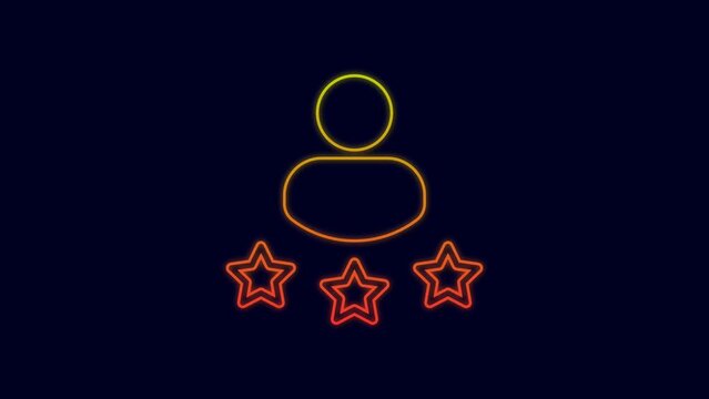Glowing neon line Consumer or customer product rating icon isolated on blue background. 4K Video motion graphic animation