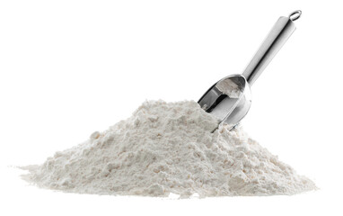 White flour pile with a metal scoop