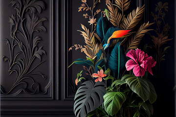 Dark background wall with classic wainscoting and exotic tropical elements