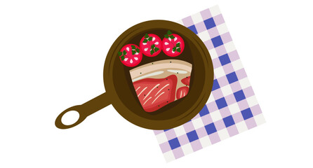 Frying pan with steak and tomatoes isolated on white background.