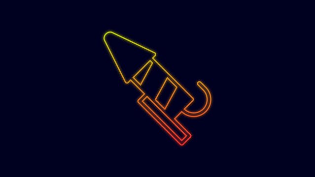 Glowing neon line Firework rocket icon isolated on blue background. Concept of fun party. Explosive pyrotechnic symbol. 4K Video motion graphic animation
