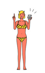 電卓を持って指さすトラ柄ビキニ姿の赤鬼の女性、伝統行事、節分