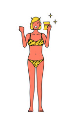 預金通帳を見て喜ぶトラ柄ビキニ姿の赤鬼の女性、伝統行事、節分