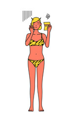 預金通帳を見て落ち込むトラ柄ビキニ姿の赤鬼の女性、伝統行事、節分