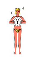 為替差益や円高のイメージ、トラ柄ビキニ姿の赤鬼の女性、伝統行事、節分