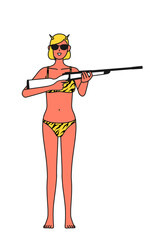 サングラスをかけてライフル銃を持つトラ柄ビキニ姿の赤鬼の女性、伝統行事、節分