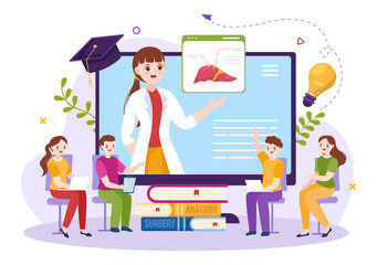 Medical School with Students Listening to Doctor Lecture and Learning Science in Classroom in Flat Cartoon Hand Drawn Template Illustration