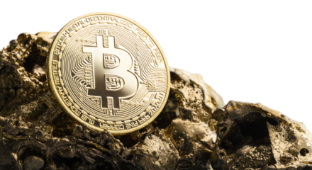 Golden bitcoin and a pile of gold stones, money concept