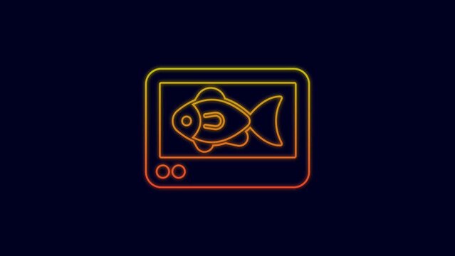 Glowing neon line Fish finder echo sounder icon isolated on blue background. Electronic equipment for fishing. 4K Video motion graphic animation