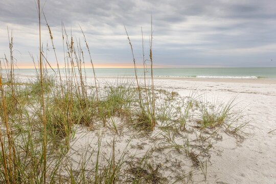 Anna Maria Island pure white sand dunes on a cloudy day