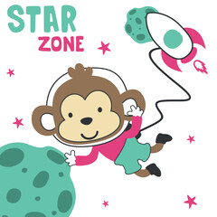 Vector illustration of cute cartoon astronauts little monkey in space, Can be used for t-shirt print, kids wear fashion design, baby shower invitation card. fabric, textile, nursery wallpaper, poster.