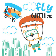 Vector illustration of a cute little tiger flying with a parachute. with cartoon style. Creative vector childish background for fabric textile, nursery wallpaper, poster, card, vector illustration