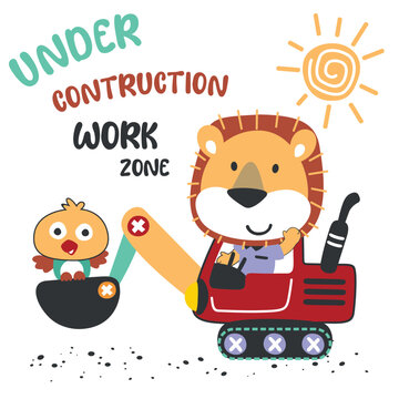 Cute little lion on a red excavator. Can be used for t-shirt print, kids wear fashion design, print for t-shirts, baby clothes, poster. and other decoration.