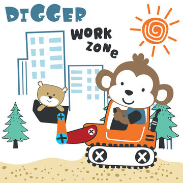 Cute little monkey on a orange excavator. Can be used for t-shirt print, kids wear fashion design, print for t-shirts, baby clothes, poster. and other decoration.