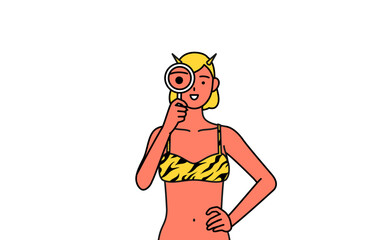 虫メガネをのぞくトラ柄ビキニ姿の赤鬼の女性、伝統行事、節分