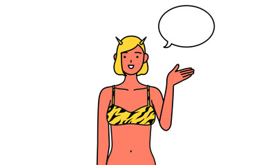 ふきだしつき、案内をするトラ柄ビキニ姿の赤鬼の女性、伝統行事、節分