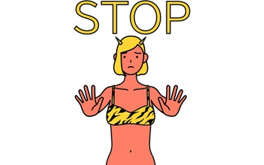 ストップの合図、体の前に手を突き出すトラ柄ビキニ姿の赤鬼の女性、伝統行事、節分