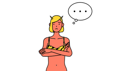 腕を組んで考えるトラ柄ビキニ姿の赤鬼の女性、伝統行事、節分