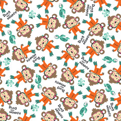 Seamless pattern texture with little monkey and shark swim in underwater. For fabric textile, nursery, baby clothes, background, textile, wrapping paper and other decoration.