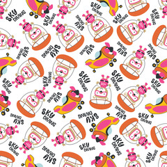 Seamless vector pattern with cute little bear skydiver, Design concept for kids textile print, nursery wallpaper, wrapping paper. Cute funny background.