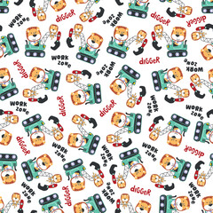Seamless pattern of Cute little lion on excavator. Can be used for t-shirt print, kids wear fashion design, print for t-shirts, baby clothes, poster. and other decoration.