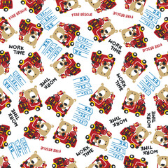 Seamless pattern of fire fighter car with bear fire fighter animal cartoon. Creative vector childish background for fabric, textile, nursery wallpaper, card, poster and other decoration.