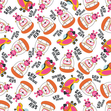 Seamless Vector Pattern With Cute Little Bear Skydiver, Design Concept For Kids Textile Print, Nursery Wallpaper, Wrapping Paper. Cute Funny Background.