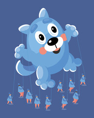 Cute dog balloon and uniformed people on parade. Holiday, carnival. Funny isolated characters in cartoon style on blue background. Vector illustration.