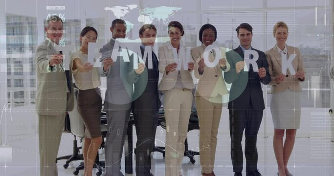 Happy business people working together in an office setting, spelled out in letters to represent tea