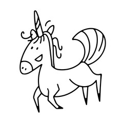 Cute isolated unicorn in black outline on white background for design. Animal horse, pony, character for posters, postcards. Vector illustration.