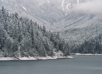 The Capilano Lake surrounded by a beautiful snowy winter landscape at the Capilano River Regional...