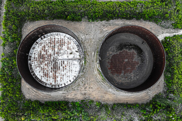 aerial view of old water tanks