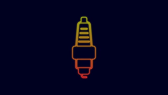 Glowing neon line Car spark plug icon isolated on blue background. Car electric candle. 4K Video motion graphic animation
