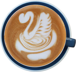 op view of a mug of latte art coffee