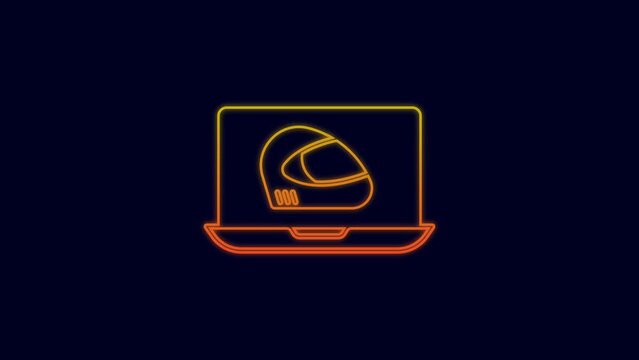 Glowing neon line Racing helmet icon isolated on blue background. Extreme sport. Sport equipment. 4K Video motion graphic animation