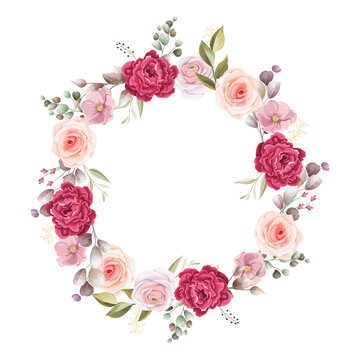 beautiful hand drawing flower and leaves wreath