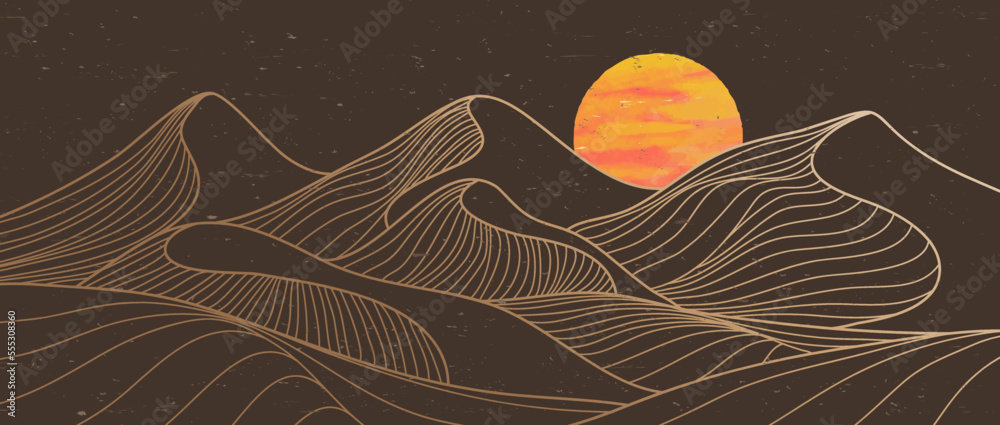 Wall mural mountain line art print. Abstract contemporary aesthetic backgrounds landscapes. with mountain, desert, moonlight and wave. vector illustrations