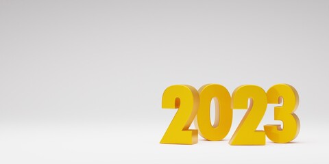 2023 symbol golden metallic 3d rendering. Happy new year concept.