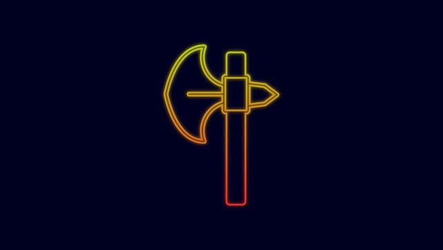 Glowing neon line Medieval axe icon isolated on blue background. Battle axe, executioner axe. Medieval weapon. 4K Video motion graphic animation