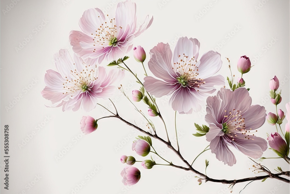 Sticker  a branch with pink flowers on it against a white background with a light reflection of the flowers on the branch. Generative AI